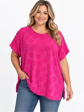Celeste Hot Pink Textured Floral Top – Size 1XL